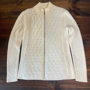 J. McLaughlin Cream Silk Quilted Full Zip Jacket Knit Sleeves Women's Size Large